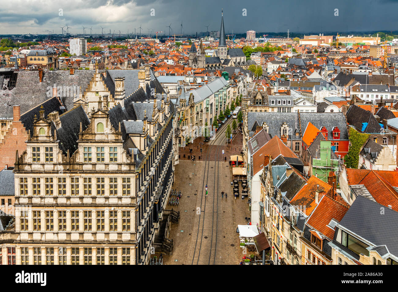 Das historische Zentrum von Gent Stadt panorama Blick vom Glockenturm Belfort Gent, Flandern, Belgien Stockfoto