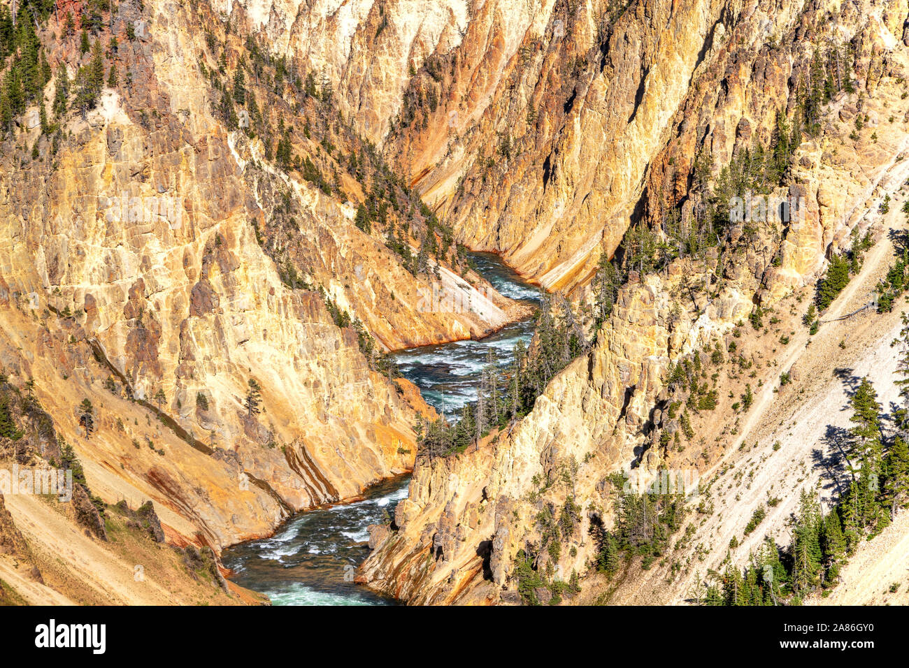 Yellowstone River schlängelt sich durch den Grand Canyon des Yellowstone National Park in Wyoming, USA. Die myraid Coloured Canyon Wänden durch c erodiert wurden Stockfoto