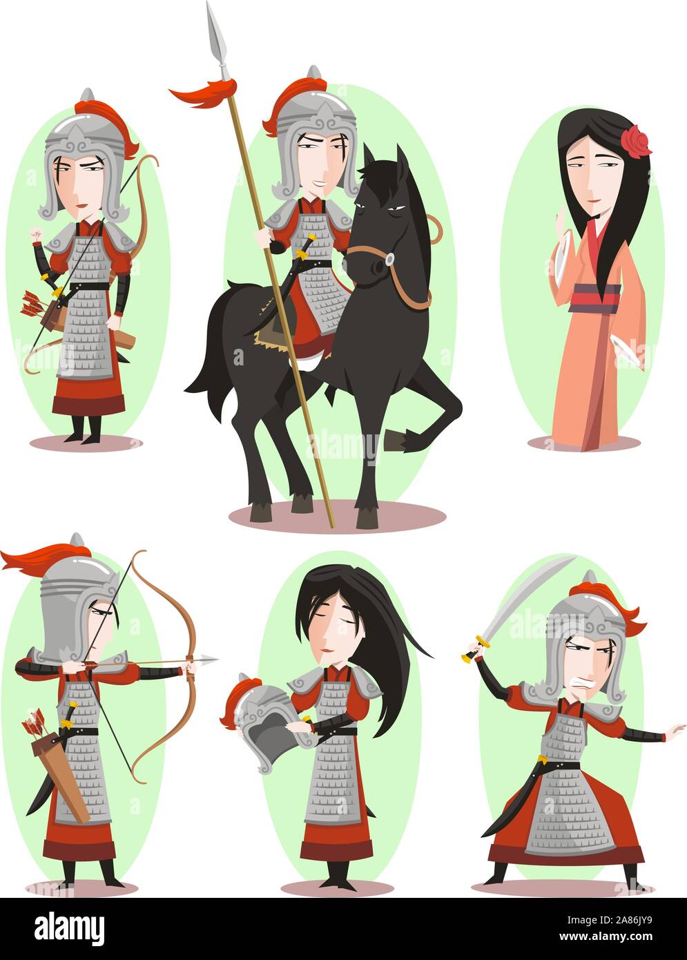 Hua Mulan Chinesischen weiblichen Helden traditionelle Kultur, Vector Illustration Cartoon. Stock Vektor