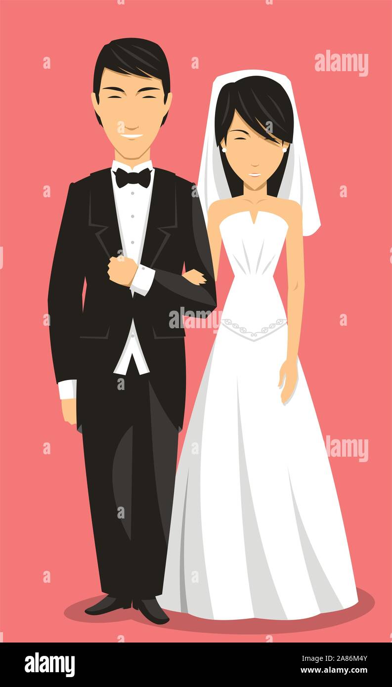 Chinesische Braut und Bräutigam Hochzeit Kleidung, mit dem Bräutigam und Braut im weißen Kleid Vector Illustration Cartoon. Stock Vektor