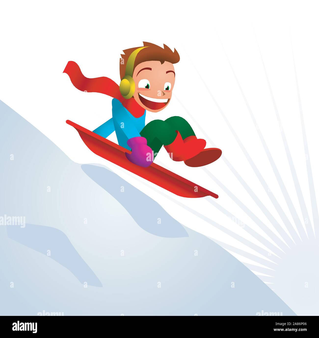 Junge Rodeln Skifahren downhill winter schnee Berge im Schnee. Vector Illustration Cartoon. Stock Vektor