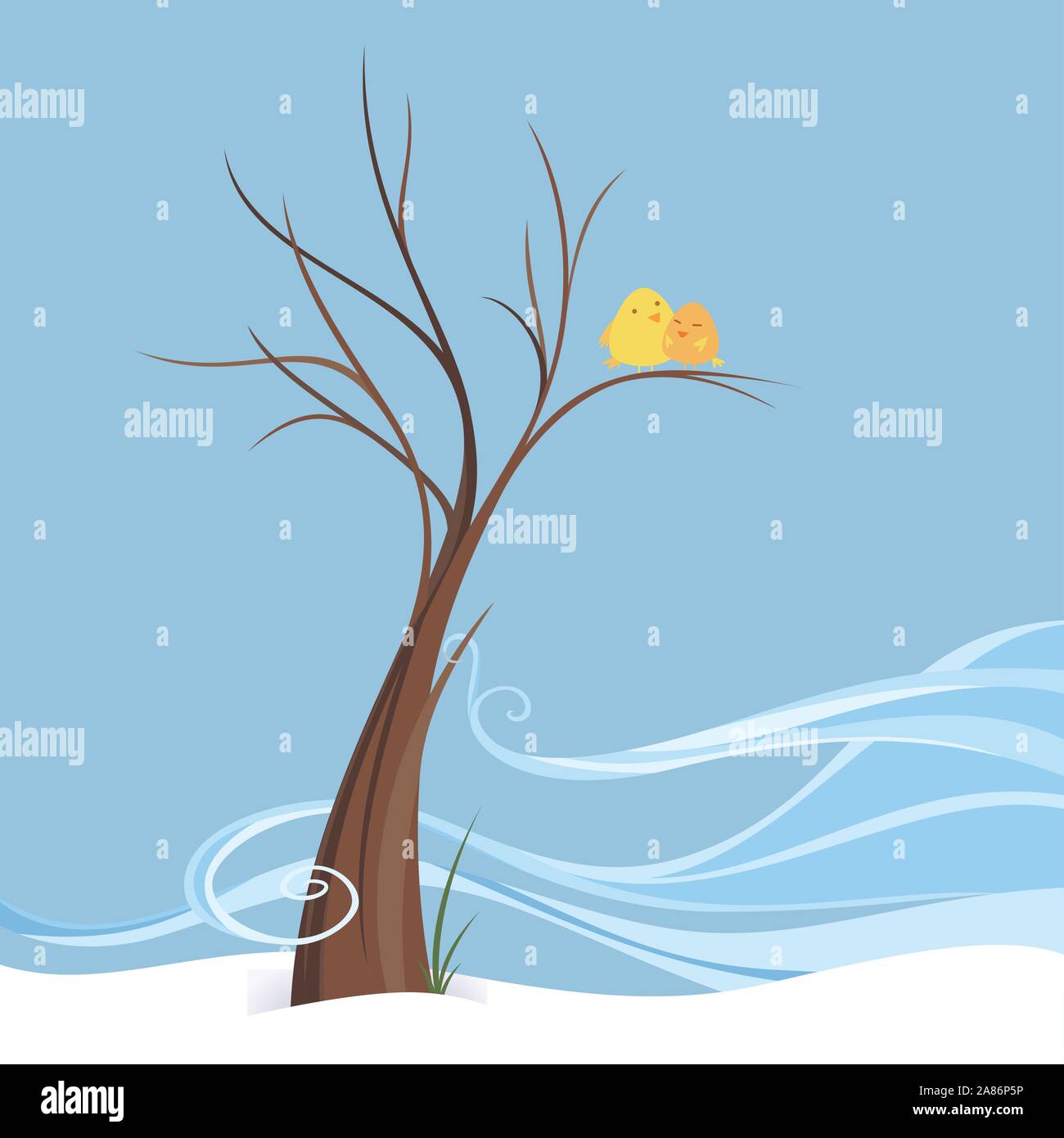 Vögel in Liebe hocken in Breezy Winter auf einem Baum, winter Szene von ein paar Vögel in einer isolierten Bild. Braun Baum mit ein wenig der Wind, zwei Yel Stock Vektor
