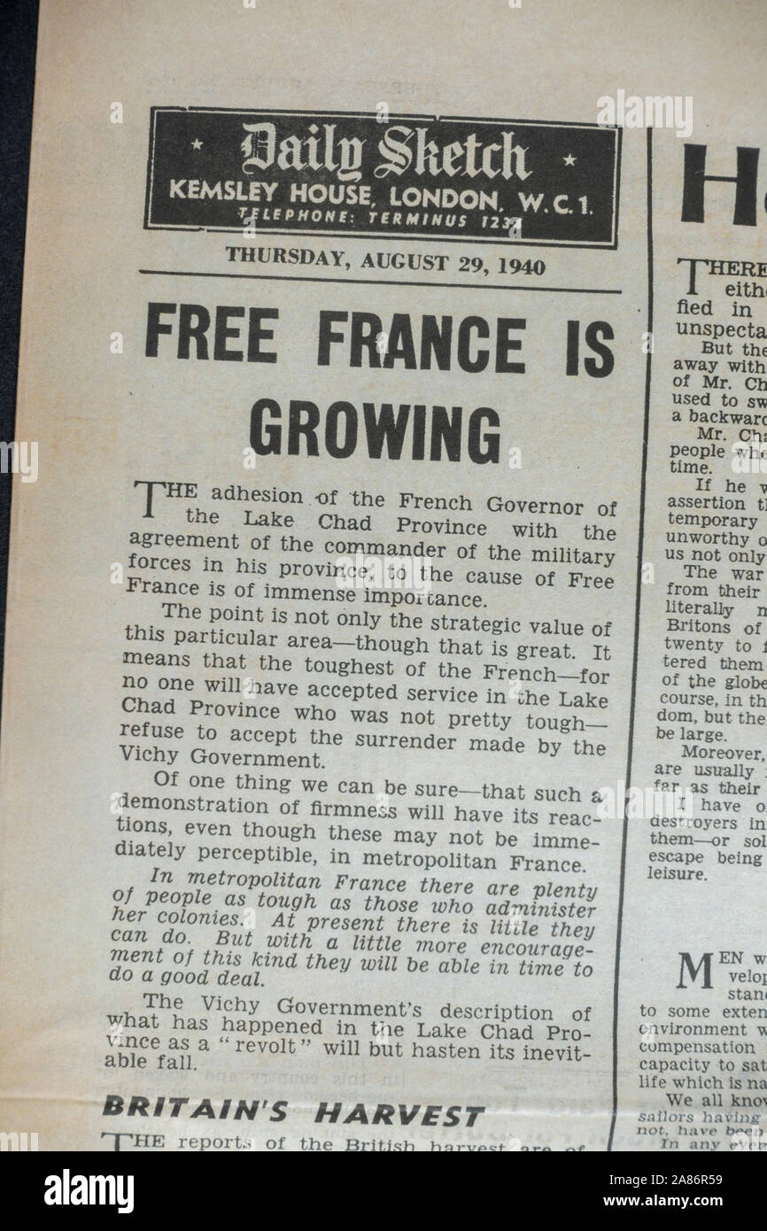 Stellungnahme des "Freien Frankreich" sprechen über das Freie Frankreich Bewegung: Täglich Skizze Zeitung (Nachbau), 29. August 1940 (während der Blitz). Stockfoto
