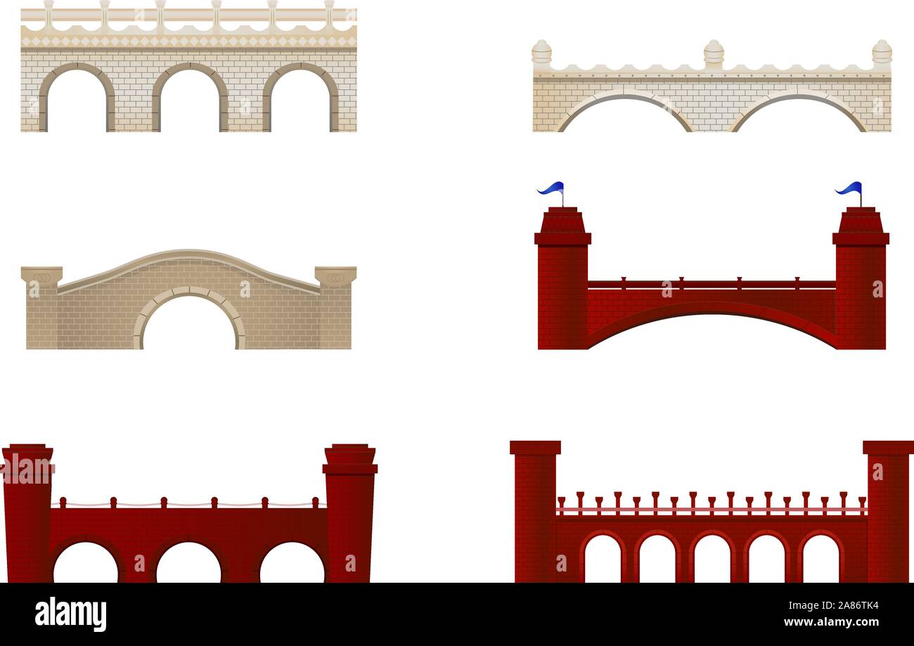 Rote und weiße Backstein Brücke Bogen Architektur Baudenkmal Vector Illustration. Stock Vektor