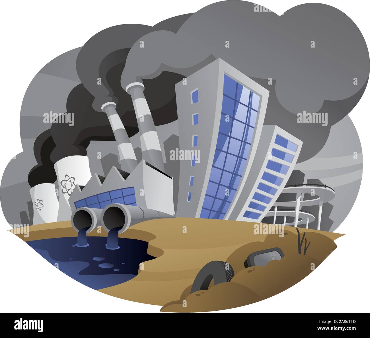 Umweltschädliche Stadt verschmutzen die Umwelt verschmutzenden Stadt mit Rauch Schornstein Fabrik Anlage entleeren West Leitung. Stock Vektor