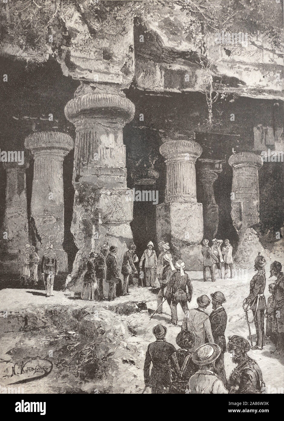 Elephanta in Indien. Gravur des 19. Jahrhunderts. Höhlen von Elephanta sind UNESCO-Weltkulturerbe und eine Sammlung von höhlentempeln vorwiegend an die Hindu Gott Shiva geweiht. Stockfoto