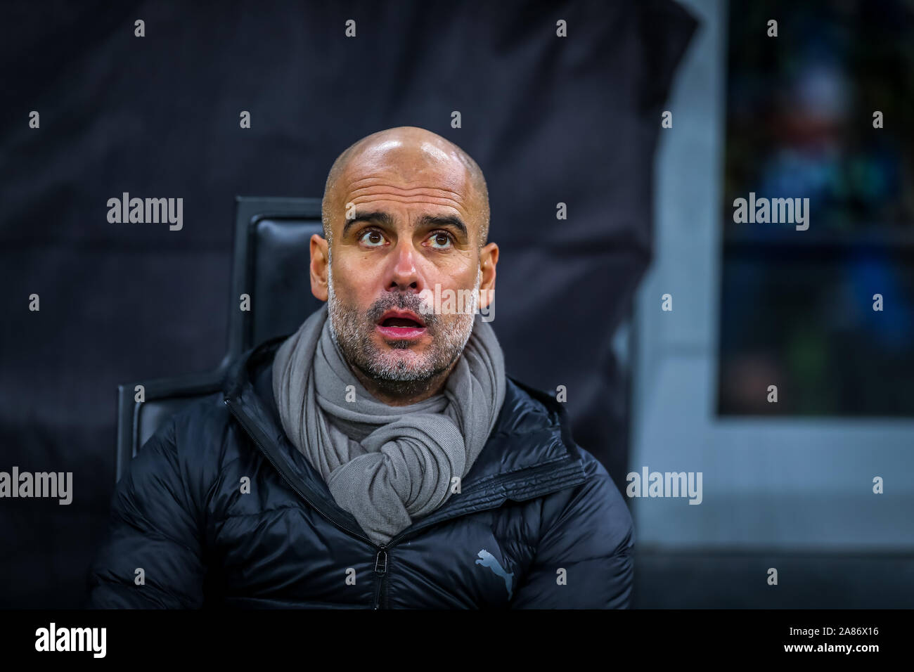 Mailand, Italien, 06. November 2019, Josep Guardiola Trainer (Manchester City) während des Turniers runde, Gruppe C, Atalanta vs Manchester City - Fussball Champions League Männer Meisterschaft - Credit: LPS/Fabrizio Carabelli/Alamy leben Nachrichten Stockfoto