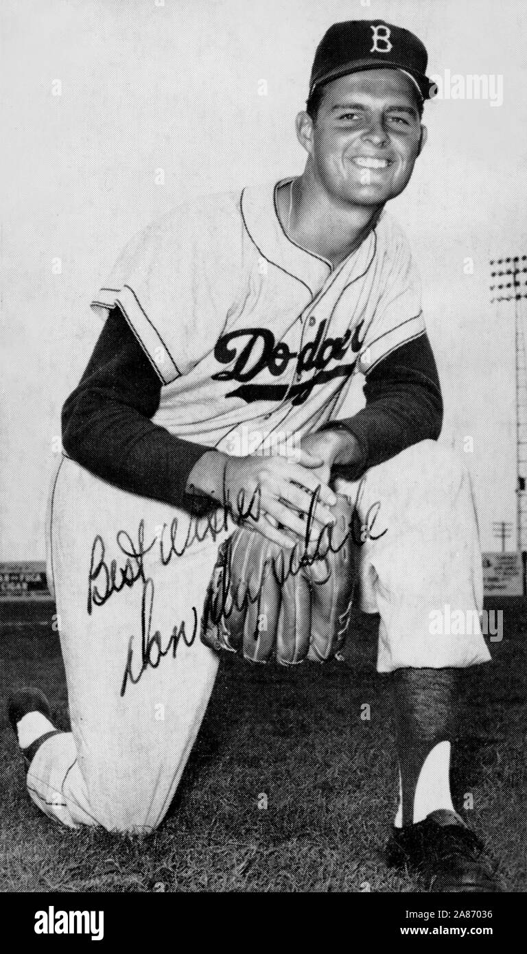 Vintage schwarz und weiß Erinnerungsfoto von Major League Baseball player Don Drysdale mit den Brooklyn Dodgers ca. 1950 s Stockfoto