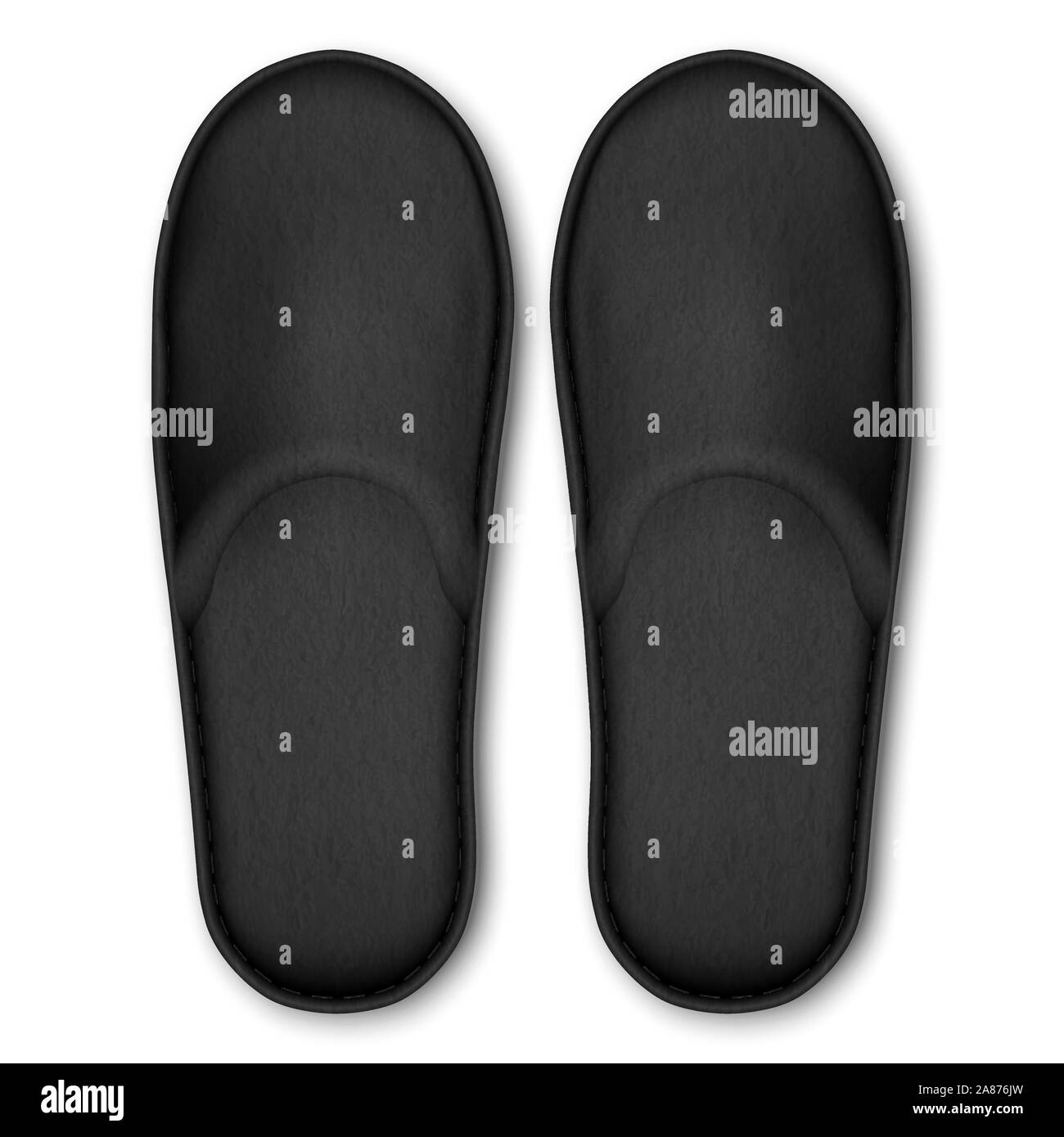 3D-Vektor realistische Schwarz Detaillierte leer Hotel Hausschuhe Symbol Closeup isoliert auf weißem Hintergrund. Design Template von zu Hause, Badewanne weiche Hausschuhe für Stock Vektor