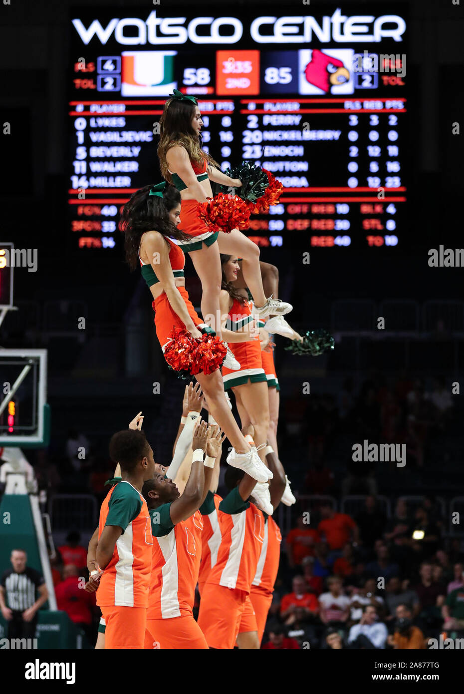 Coral Gables, Florida, USA. 05 Nov, 2019. Die Miami Hurricanes Cheerleader während Basketball ist ein NCAA Men Spiel zwischen dem Miami Hurrikane und die Louisville Kardinäle an der Watsco Zentrum in Coral Gables, Florida. Die Kardinäle 87-74 gewonnen. Mario Houben/CSM/Alamy leben Nachrichten Stockfoto