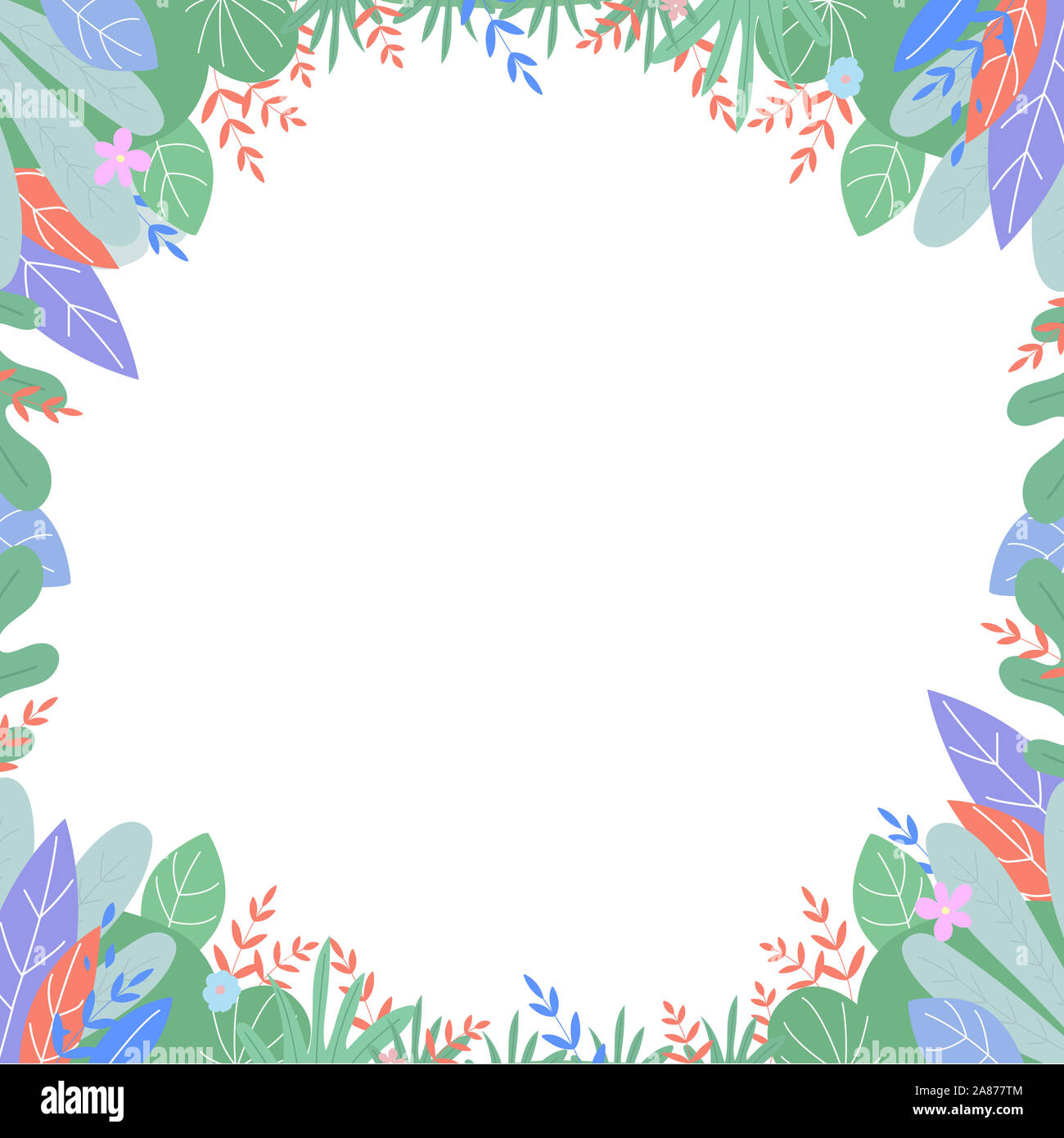 Blätter Zeichnungsrahmen, Quadrat boho Grenze im skandinavischen Stil mit Pflanzen und Blumen mit Platz für Text auf weißem Hintergrund. Karte photoframe t Stockfoto