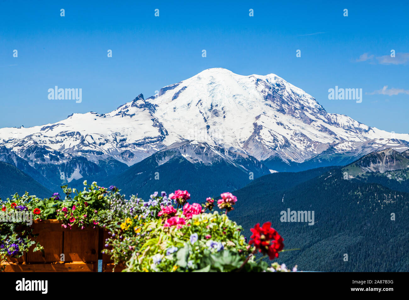 Der Blick auf den Mount Rainier von der Oberseite der Crystal Mountain Resort, wo Sie eine Terrasse im Sommer gesehen haben. Washington, USA. Stockfoto