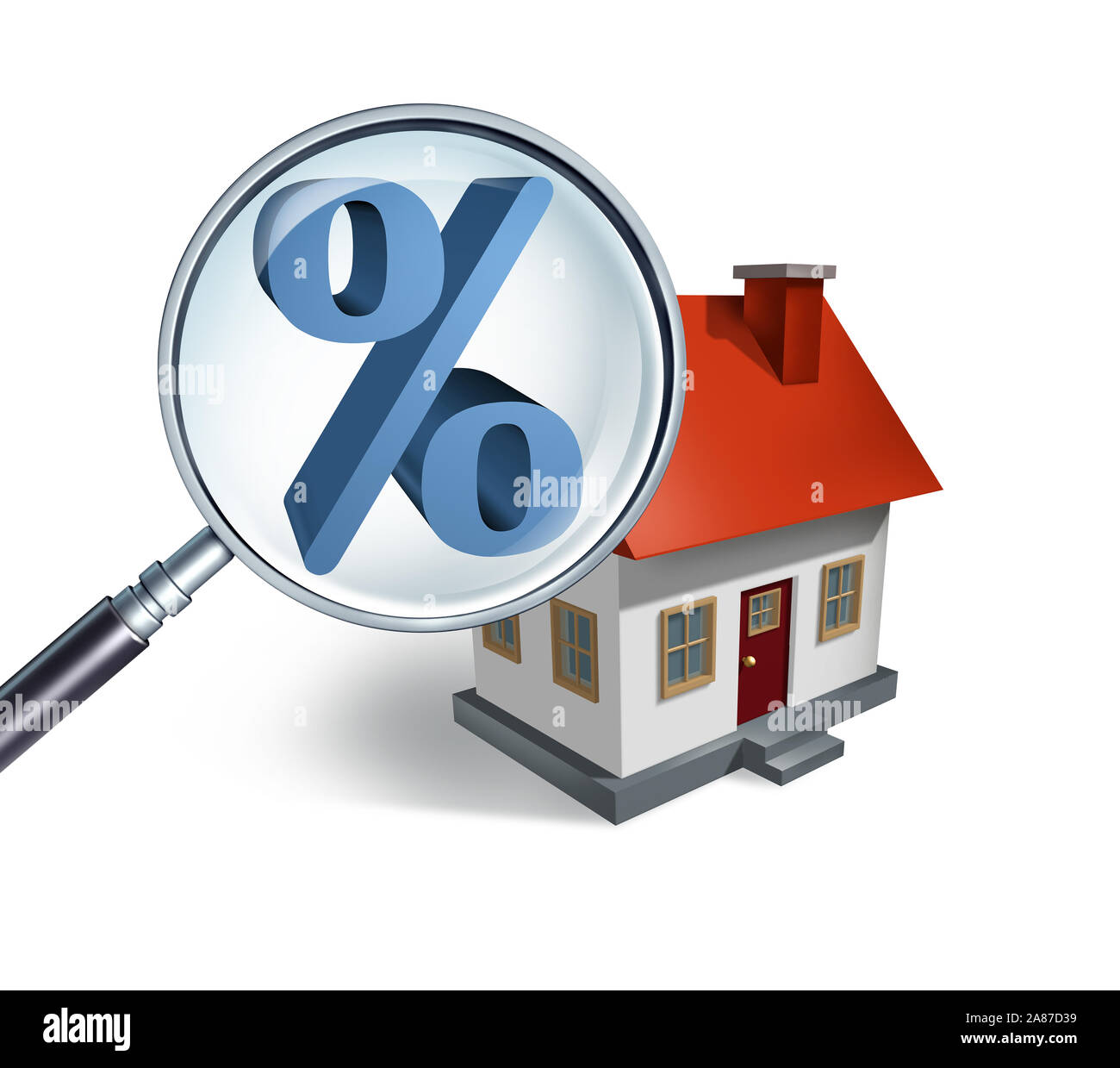 Hypotheken suchen und Bankzinsen Prozentsatz Darlehen für Haus Jagd und Suche nach Immobilien Häuser für Verkauf Konzept als 3D-Darstellung. Stockfoto