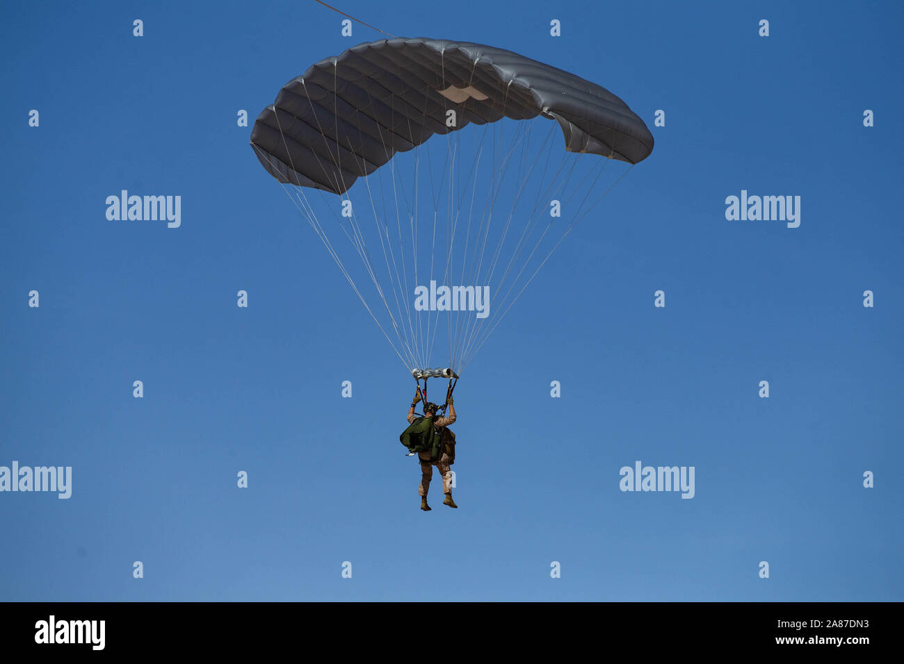 Ein US-Marine mit 2 Reconnaissance Bataillon (2d RECON), zweite Marine Division (2d MARDIV) führt ein Fallschirm auf eine Landing Zone im Camp Wilson, Marine Corps Air Ground Combat Center, Twentynine Palms, Kalifornien, Okt. 24, 2019. Das Ziel dieses Trainings ist es, zur Aufklärung von Marines ihre Fähigkeit, über Luft einzulegen, wenn Boden strecken nicht zugänglich sind. Zweite Reconnaissance Bataillon werden an der Durchführung der MAGTF Warfighting Übung (Mwx) 1-20. MWX wird eingestellt, um die größte übung sein, die mit der 2D-MARDIV in mehreren Jahrzehnten durchgeführt. (U.S. Marine Corps Foto von La Stockfoto