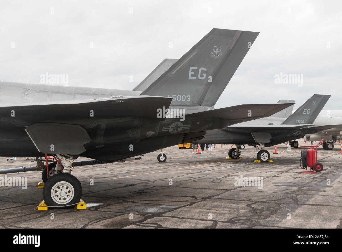 Die United States Air Force F-35 Lightning II kommt an der Willow Run Airport für die Thunder 2018 über Michigan Airshow. Stockfoto