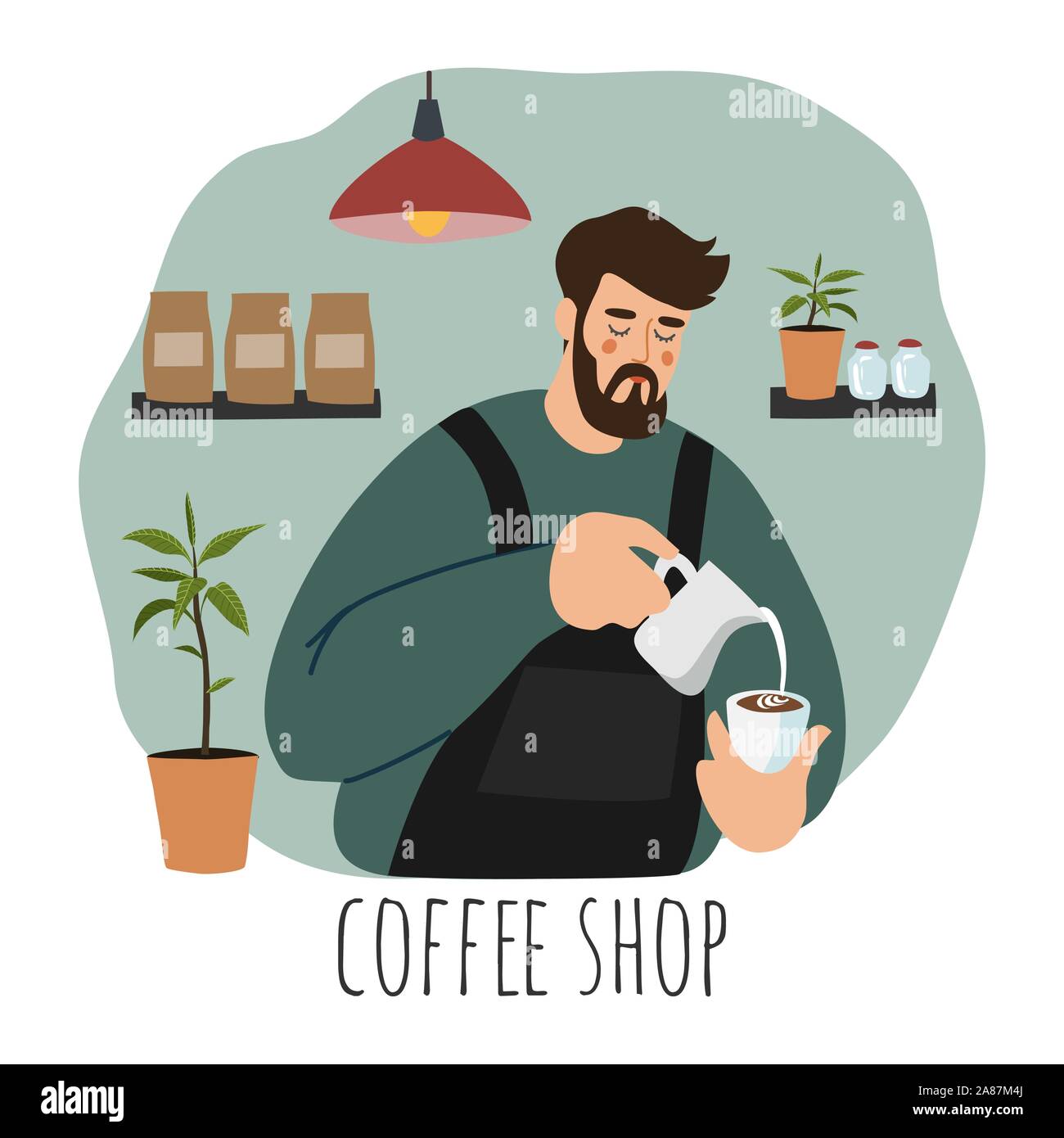 Coffee Shop, Barista. Flache vector Abbildung: Ein junger Mann mit Schürze gießen Schlagsahne Milch in die Kaffeetasse. Hand Comicfigur gezeichnet Stock Vektor