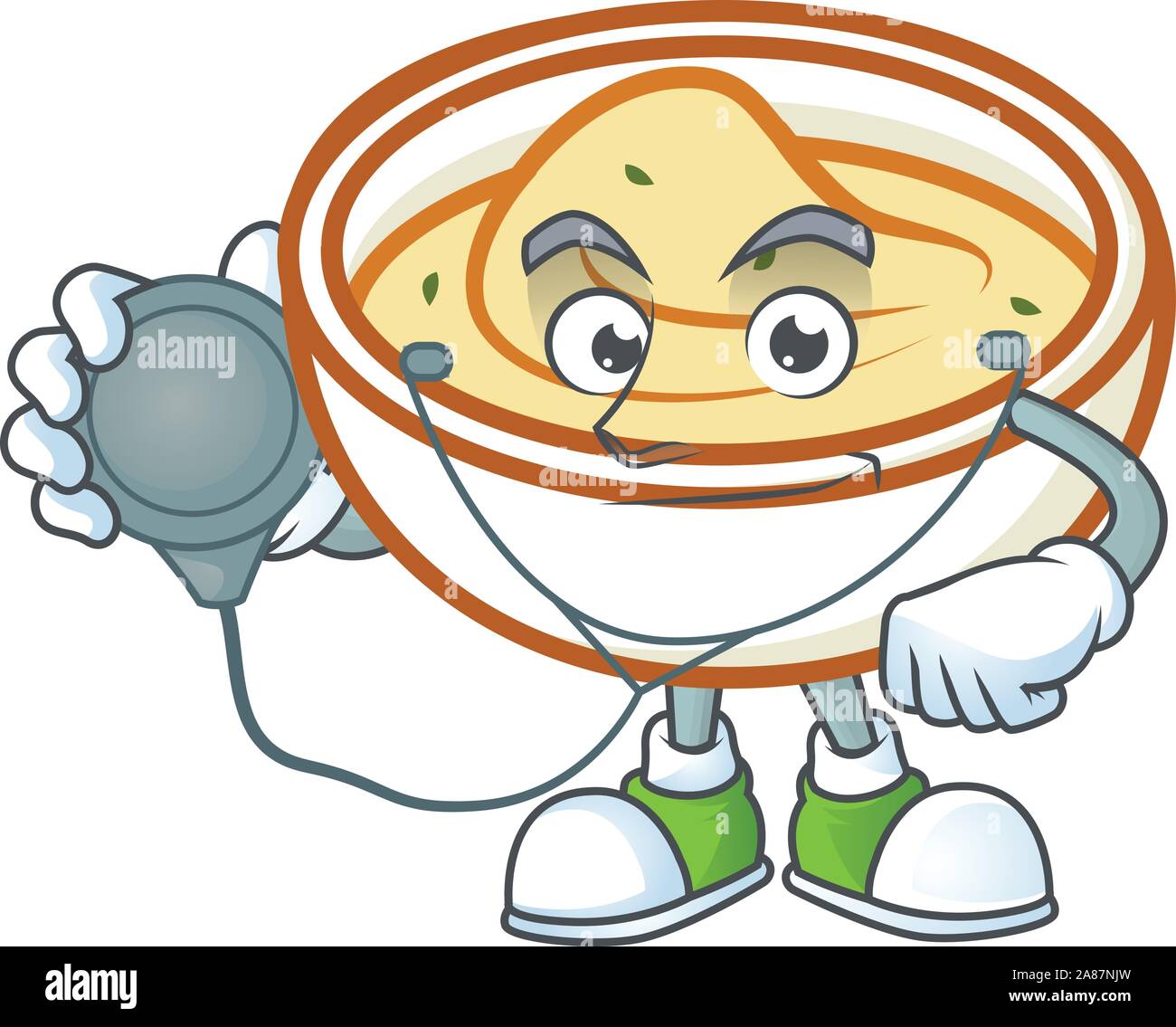 Kartoffelpüree Zeichentrickfigur mit Maskottchen Arzt. Stock Vektor