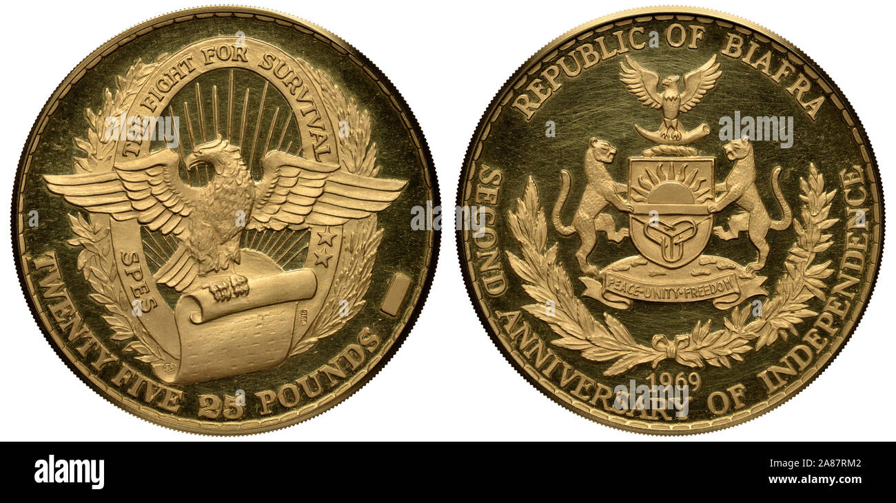 Biafra goldene Münze 25 25 Pfund 1969, Adler mit Blättern in talons vor der strahlenden Sonne, Schild mit Verfechtern oben Zweige, Stockfoto