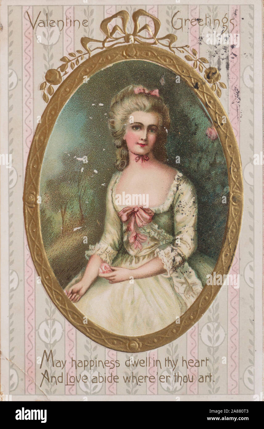 Vintage post Card in den USA 1909 gesendet, Valentine Grüße, ovale Bilderrahmen mit Lady im französischen Stil alte Kleid und Nachricht Stockfoto