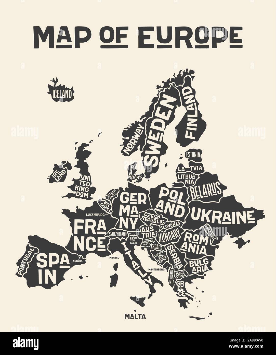 Europa, Karte. Poster Karte von Europa mit Ländernamen Stock