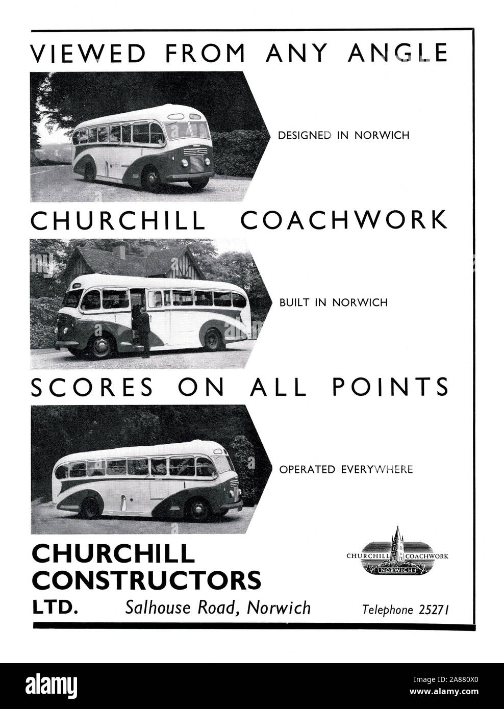 Anzeige für Churchill Konstruktoren Ltd Salhouse Road, Norwich, Norfolk, England, UK, 1951. Wie in den Fotos zu sehen, seine wichtigsten Karosseriebau Aktivität wurde Bau coach Körper auf dem Chassis und Motor einer commer "Avenger". Das Fahrgestell war ein Dieselmotor und wurde von der Rootes Group in den 1950er und 1960er Jahre. Es war der erste Dieselmotor, der von der Firma verwendet wird. Die Churchill-bodied Trainer normalerweise saß 34 Fahrgäste. Stockfoto