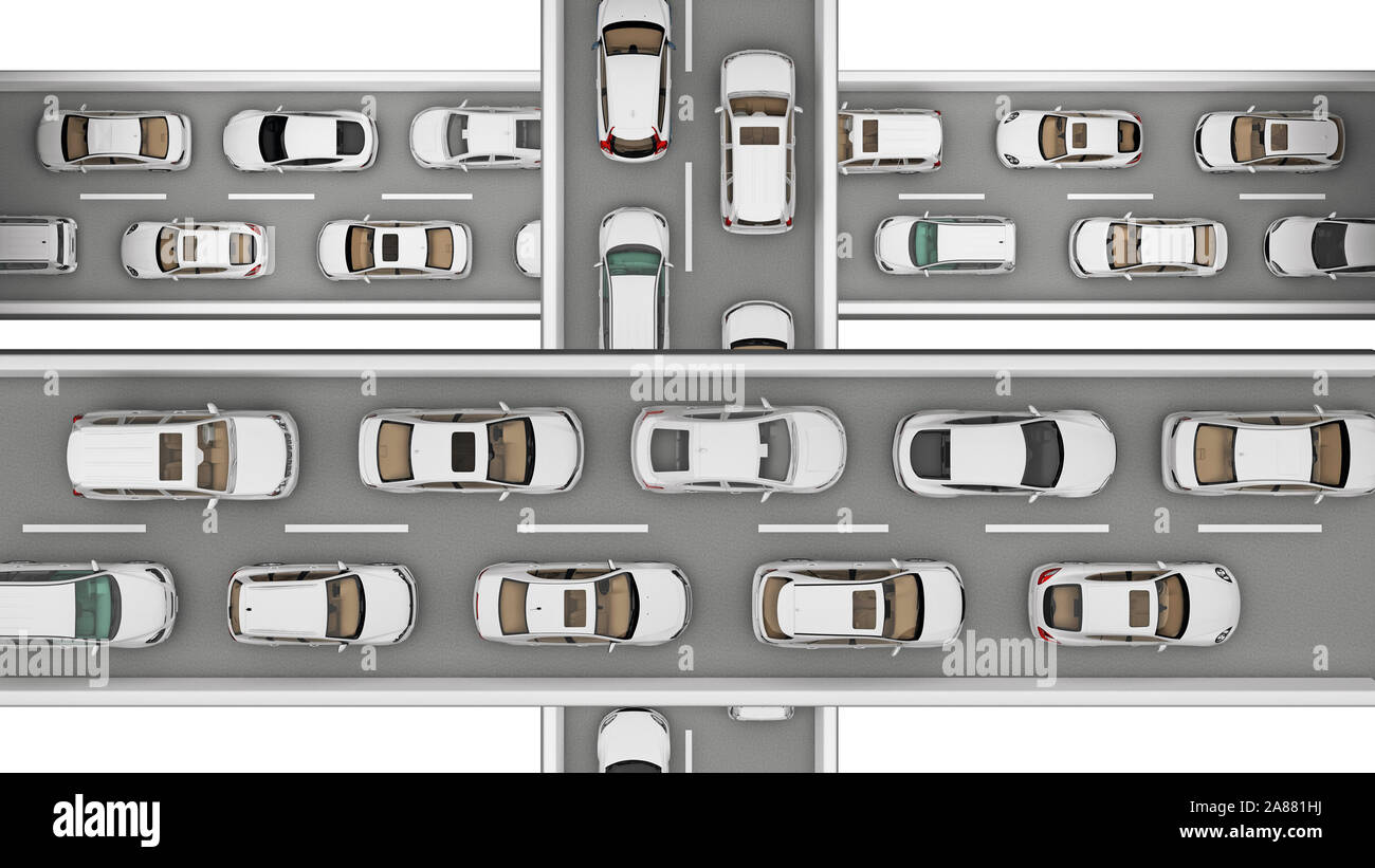Gerade Straßen in verschiedenen Höhen mit weißen Autos. 3D-Rendering Stockfoto