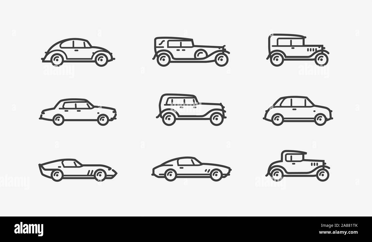 Retro Car Icon Set. Verkehr, Transport Symbol in der linearen Stil. Vector Illustration Stock Vektor