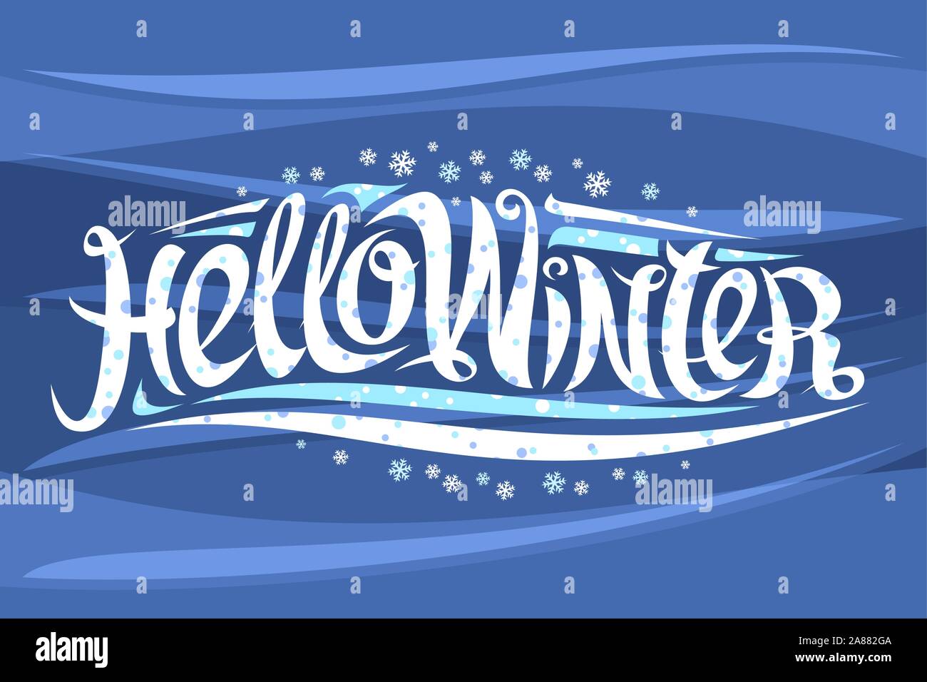 Vektor Grußkarte für Wintersaison, Curly kalligrafischen Schrift mit weißen Schneeflocken und dekorative Elemente, horizontale Banner mit Swirly trendy le Stock Vektor