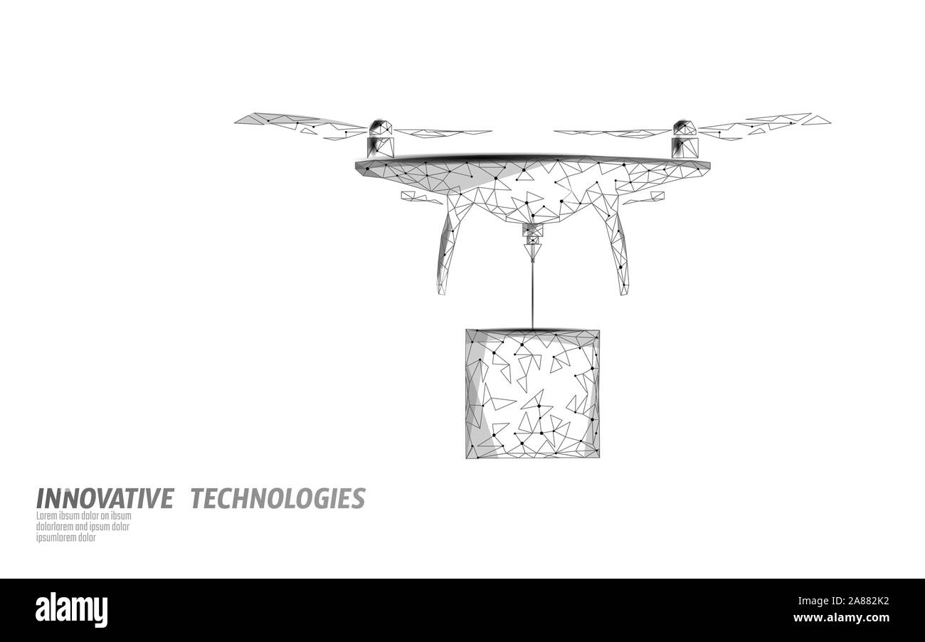 Drohne Versandkarton low Poly Banner Vorlage. Regelung der unbemannten Luftfahrzeuge Himmel Lieferung. Polygonale Vektordarstellung für Privatzonen Stock Vektor