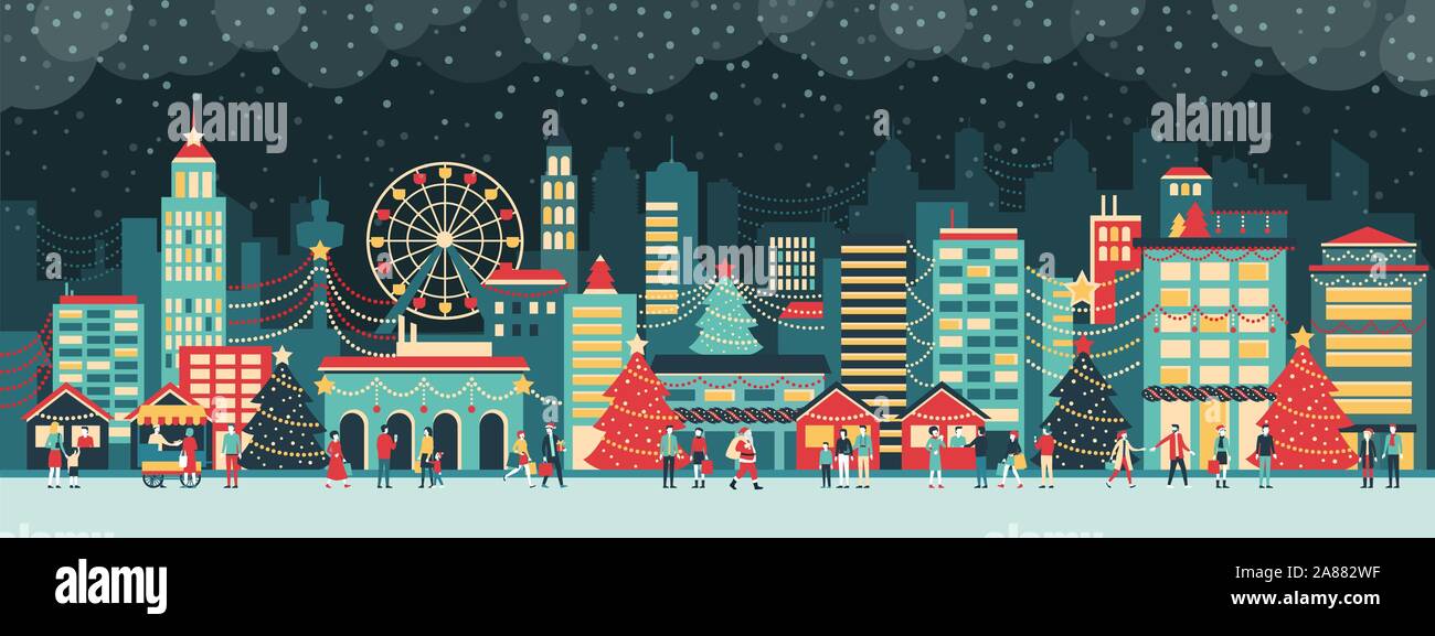 Bunte Stadt mit Lichtern an Weihnachten sind die Menschen zu Fuß auf der Straße und genießen Sie die festliche Atmosphäre in der Nacht, Urlaub und Celebratio Stock Vektor