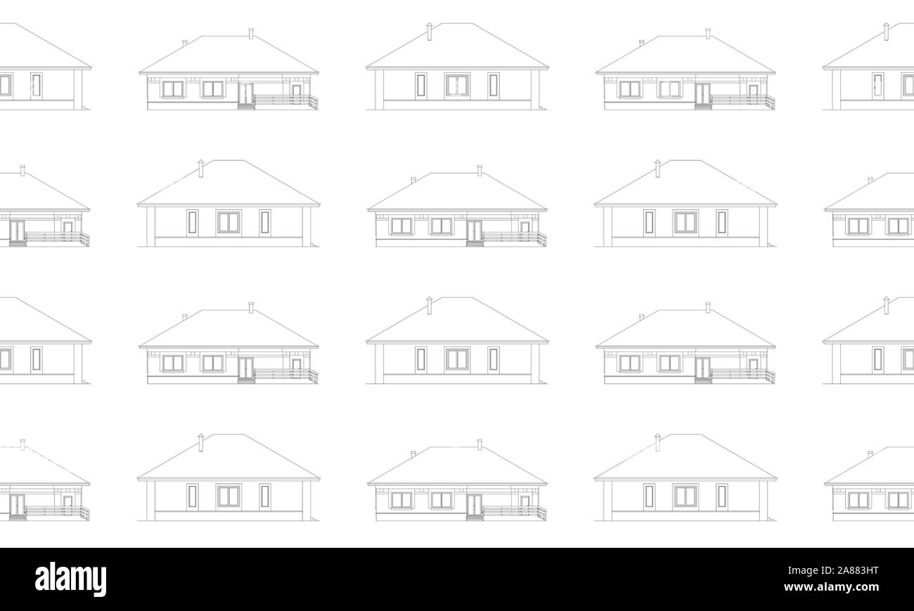 Nahtlose Muster mit architektonischen Fassaden der Häuser. Hintergrund mit Zeichnungen von Ferienhäusern. Vector schwarz Abbildung: EPS 10. Transparenz verwendet Stock Vektor