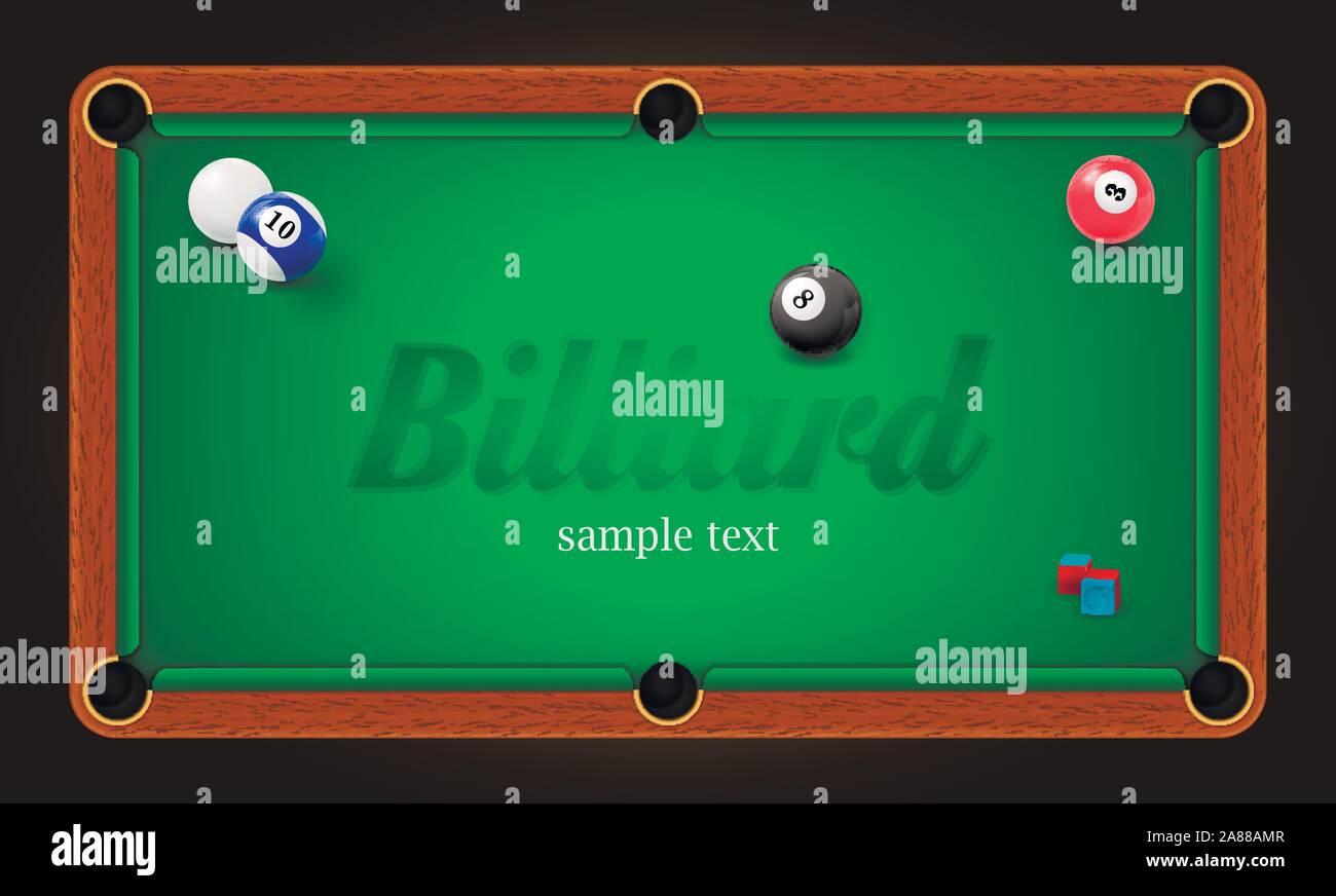 Billard Poster. Billardtisch hintergrund abbildung mit Kugeln und Billard Kreide Stock Vektor