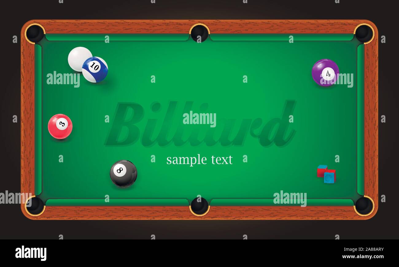 Billard Poster. Billardtisch hintergrund abbildung mit Kugeln und Billard Kreide Stock Vektor