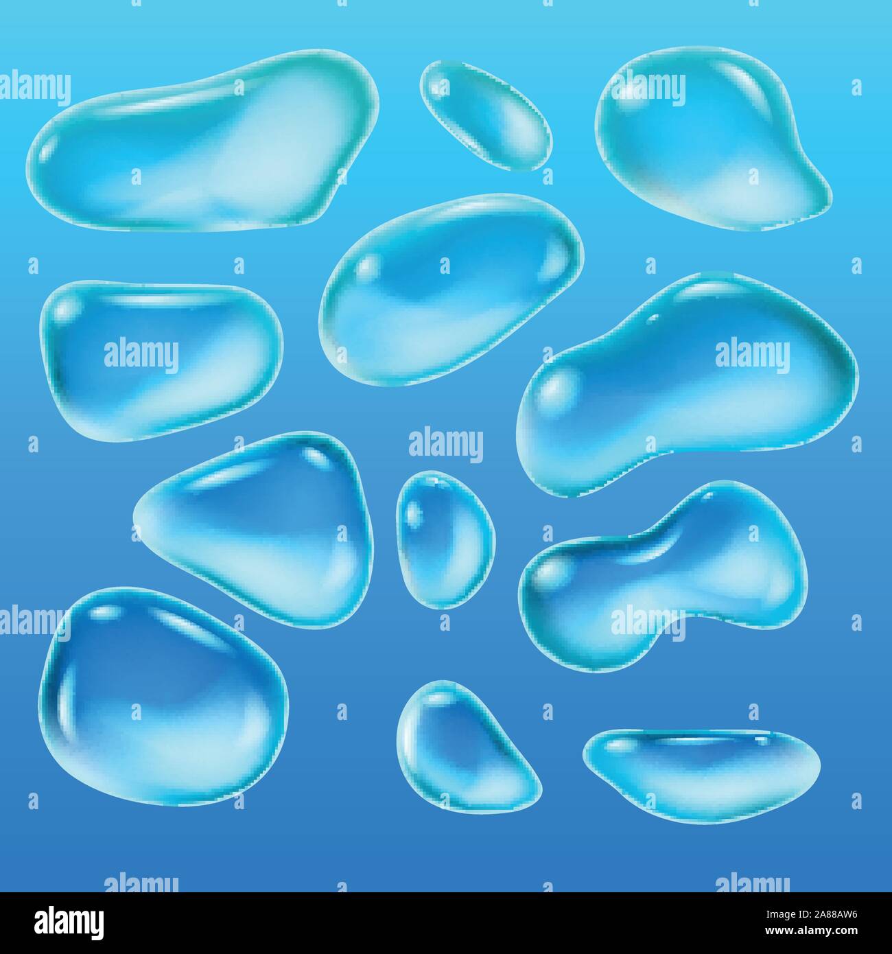 Realistische Tropfen Regen auf einem blauen Hintergrund in Form von Glas. Abstrakte eingestellt. Vector Illustration. Stock Vektor