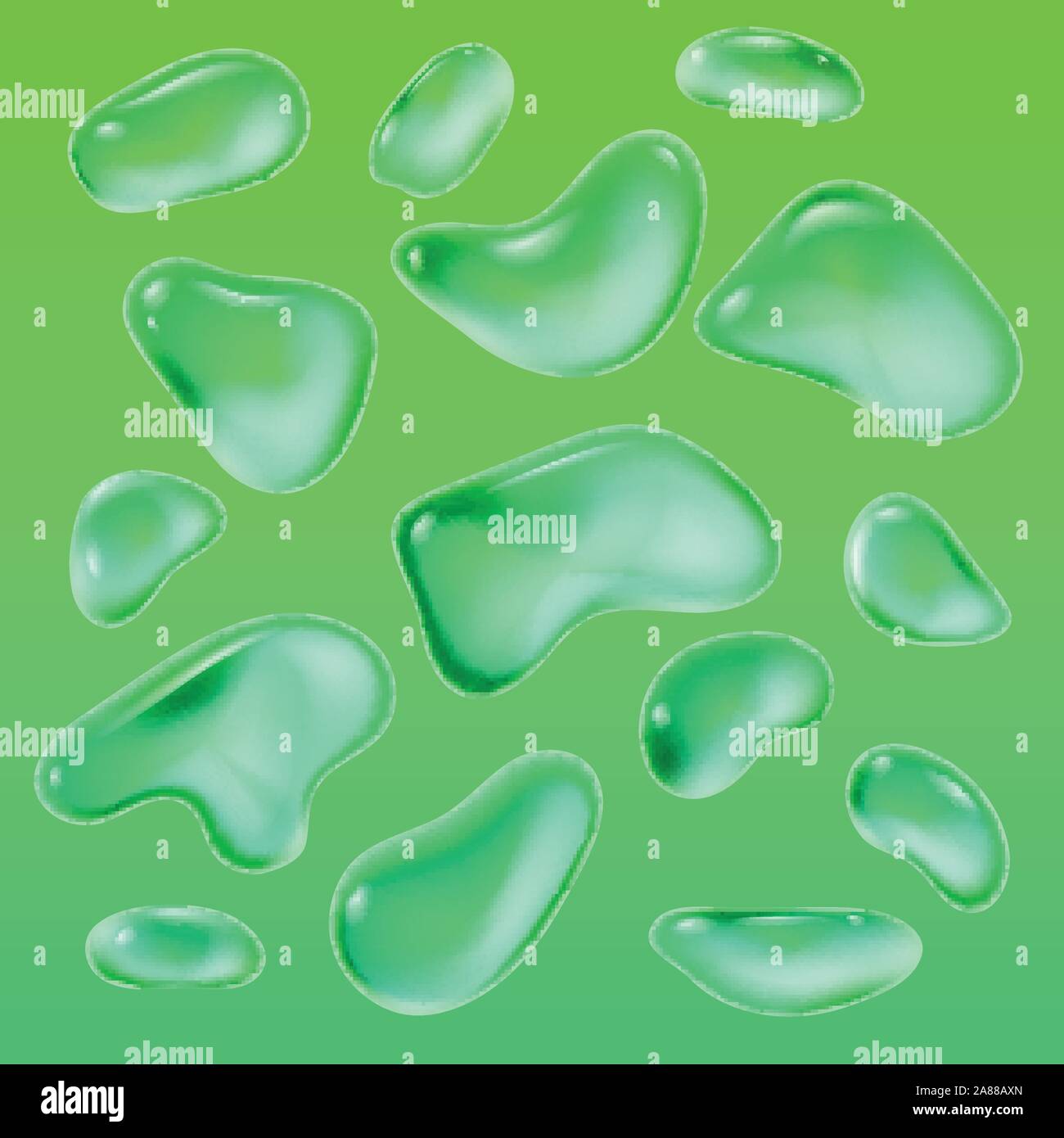 Realistische Tropfen Regen auf einem grünen Hintergrund in Form von Glas. Abstrakte eingestellt. Vector Illustration. Stock Vektor
