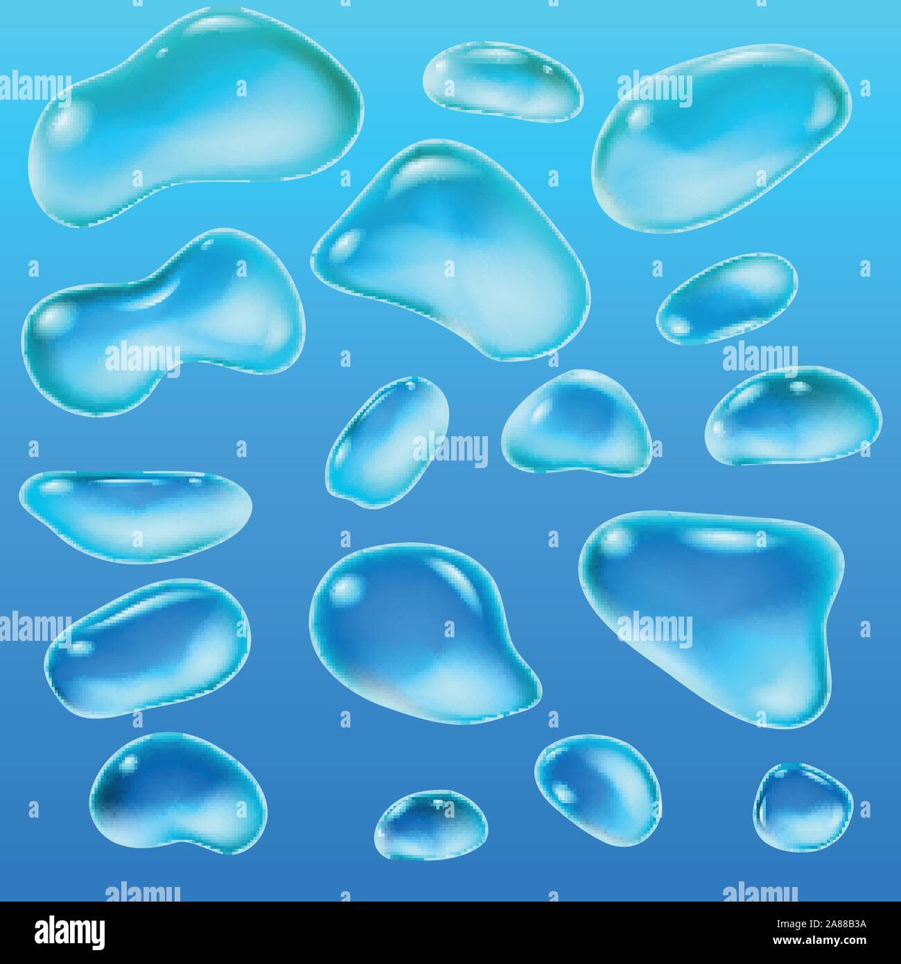 Realistische Tropfen Regen auf einem blauen Hintergrund in Form von Glas. Abstrakte eingestellt. Vector Illustration. Stock Vektor
