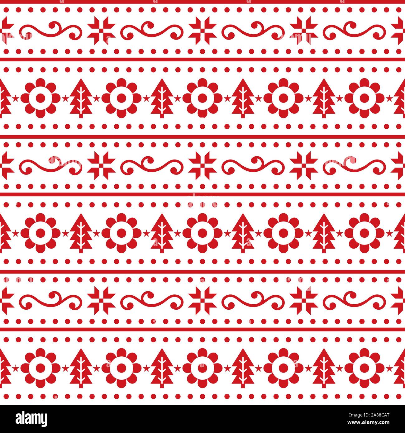 Weihnachten Scandinavain Volkskunst Vektor nahtlose Muster, Nordic festliche Design mit Schneeflocken, Blumen, Xmas Bäume in Rot auf weißem Hintergrund Stock Vektor