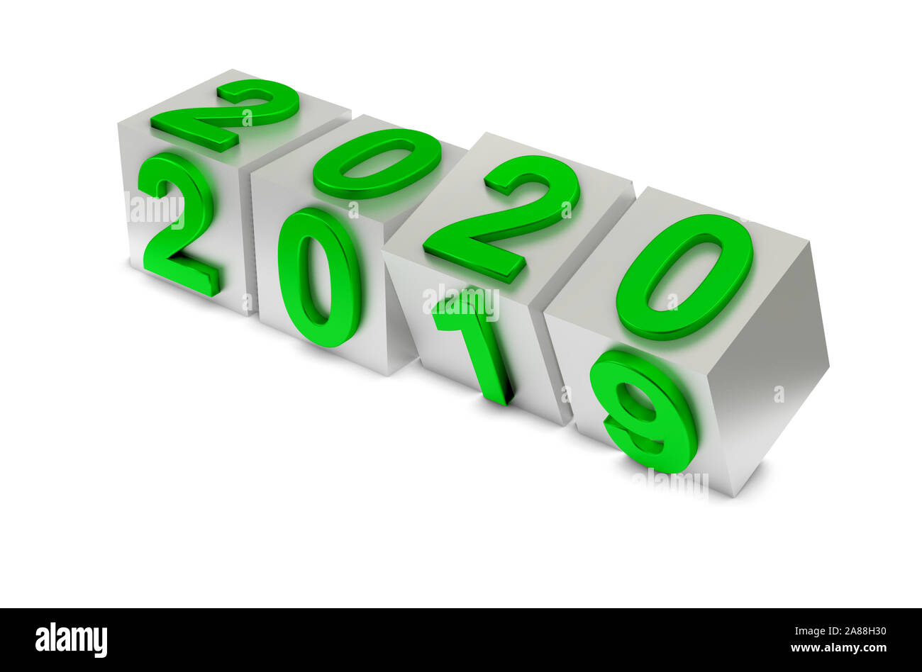 Abstraktion des neuen Jahres. 2020 grüne Nummer Flips auf Würfel. 3D-Rendering Stockfoto