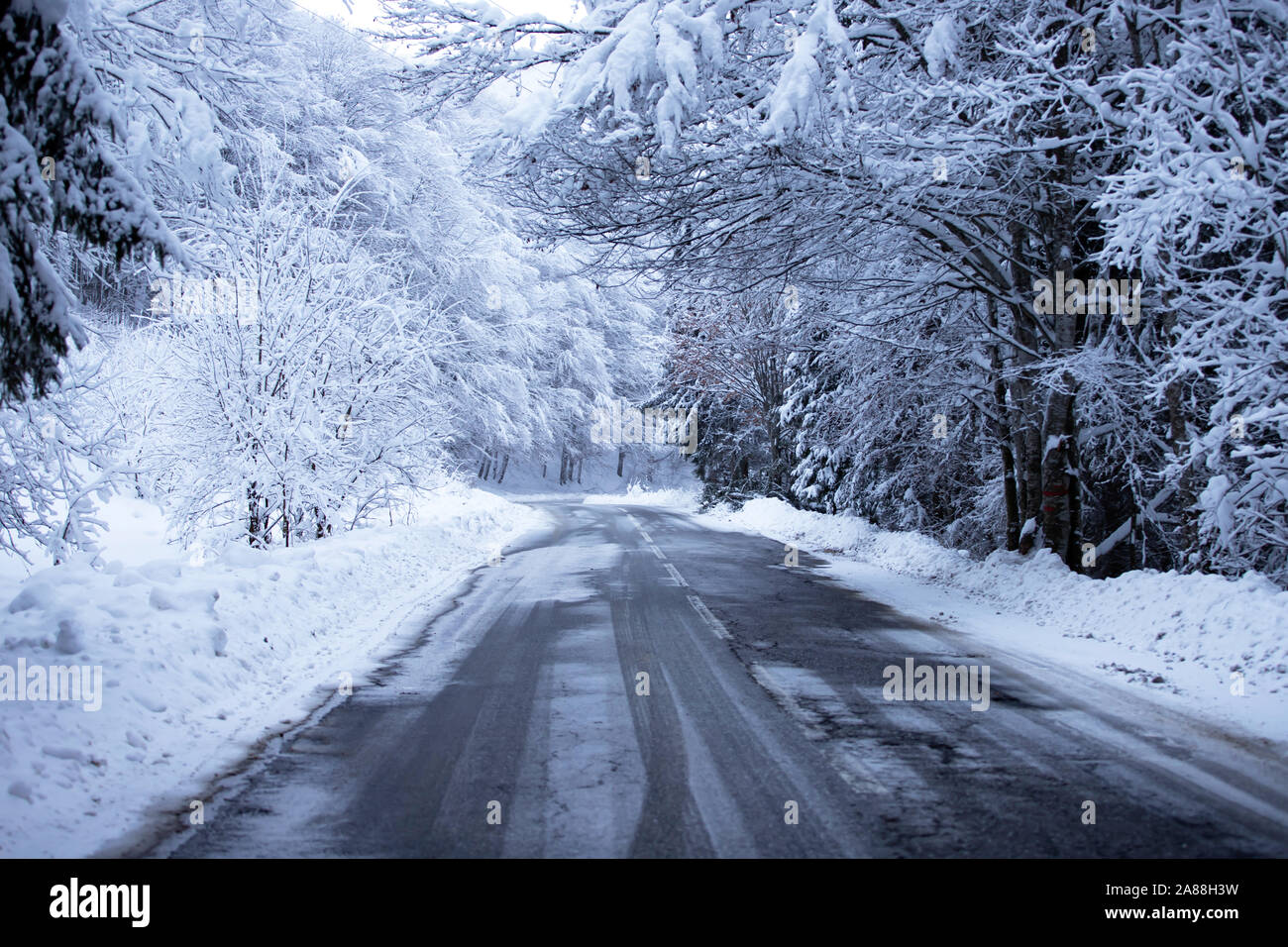 Verschneite Straße in den Bergen. Winterlandschaft. Stockfoto