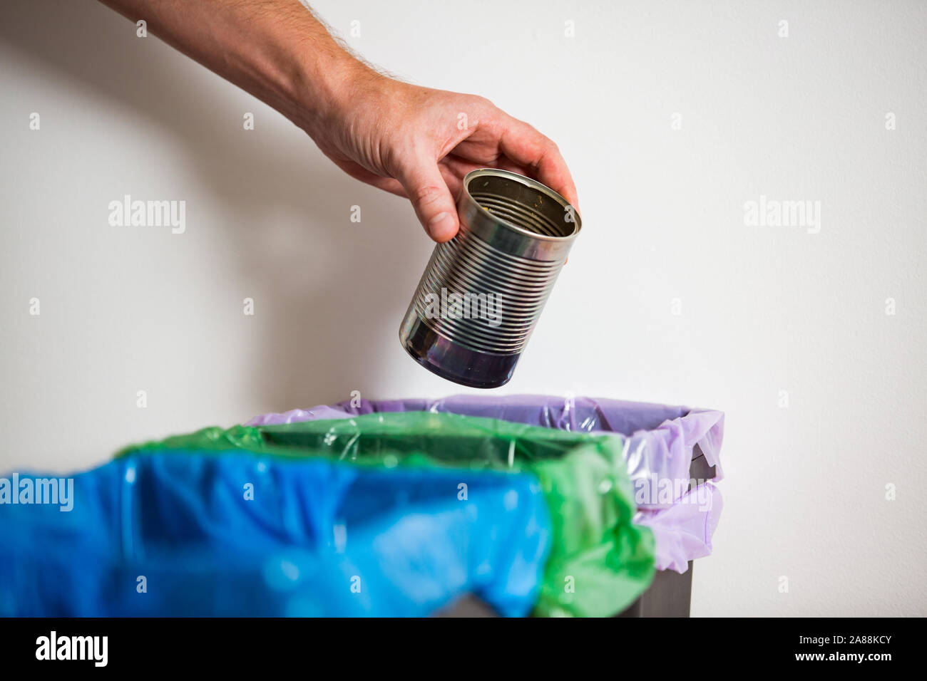 Hand Dose setzen kann in den Papierkorb. Person im Haus Küche Trennung von Abfällen. Schwarz Papierkorb mit der blauen Tasche und recycling Symbol. Stockfoto