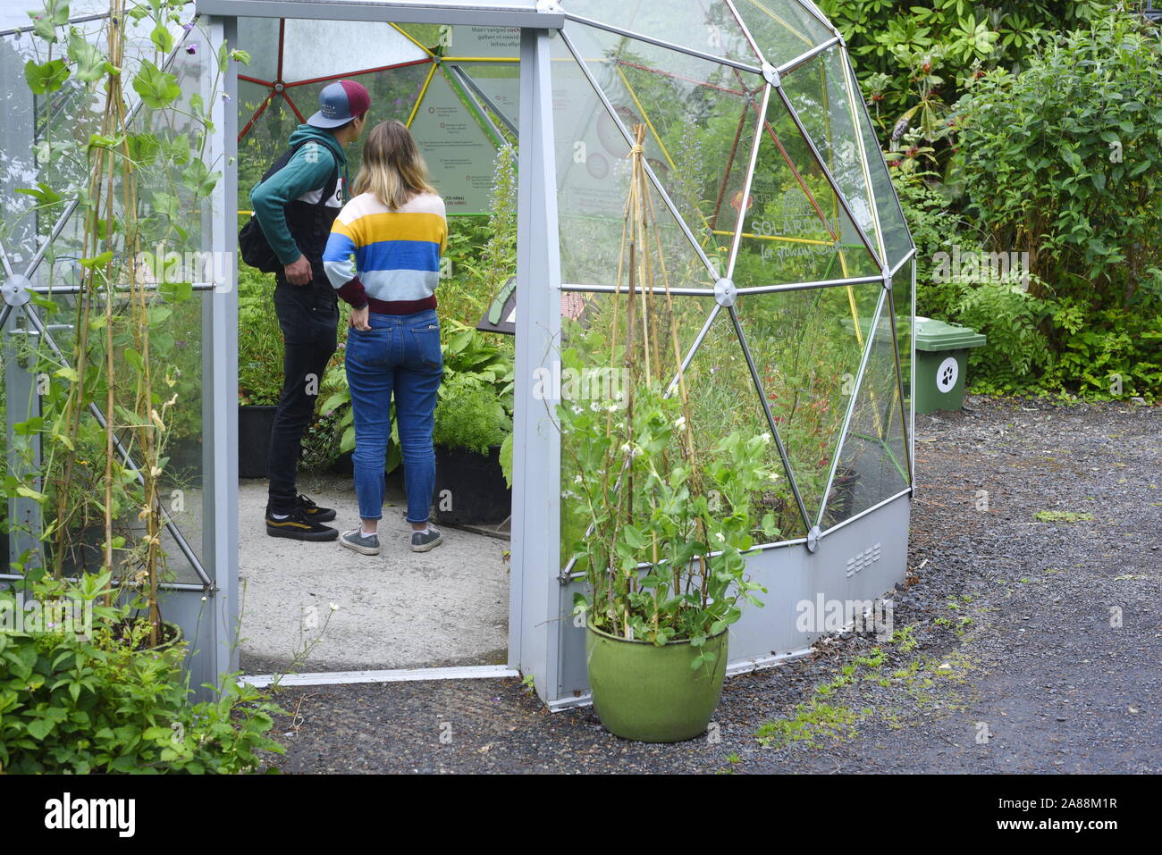 Solar dome Gewächshaus am Zentrum für Alternative Technologie in Pantperthog, Wales, Großbritannien Stockfoto