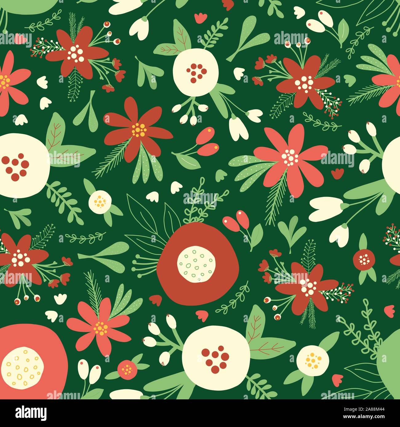 Weihnachten Blumen rot weiß nahtlose Vektor Muster. Flache skandinavischen Stil abstrakte Blüten und Blätter Hintergrund. Hand Urlaub Design für gezeichnet Stock Vektor