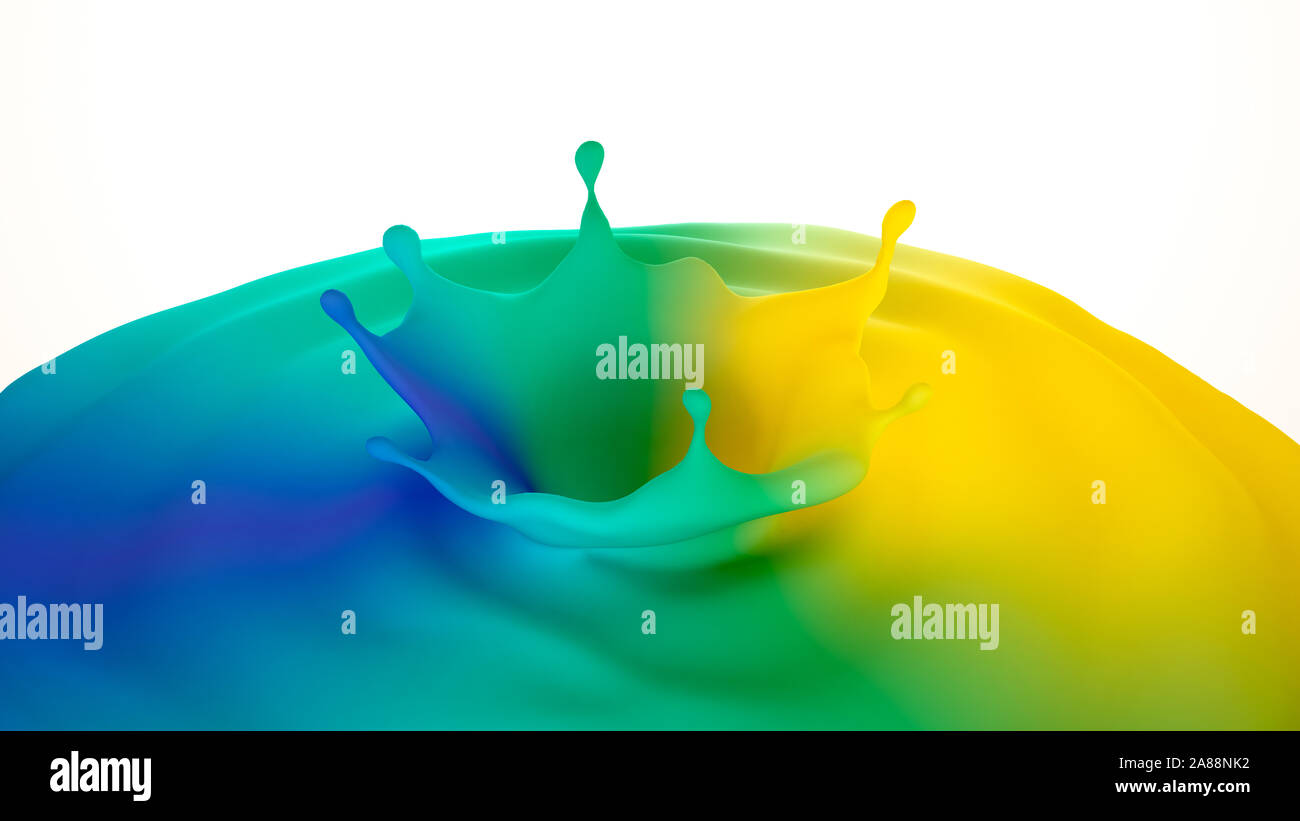 Schöne mehrfarbige Spritzen der Flüssigkeit. 3D-Illustration, 3D-Visualisierung. Stockfoto