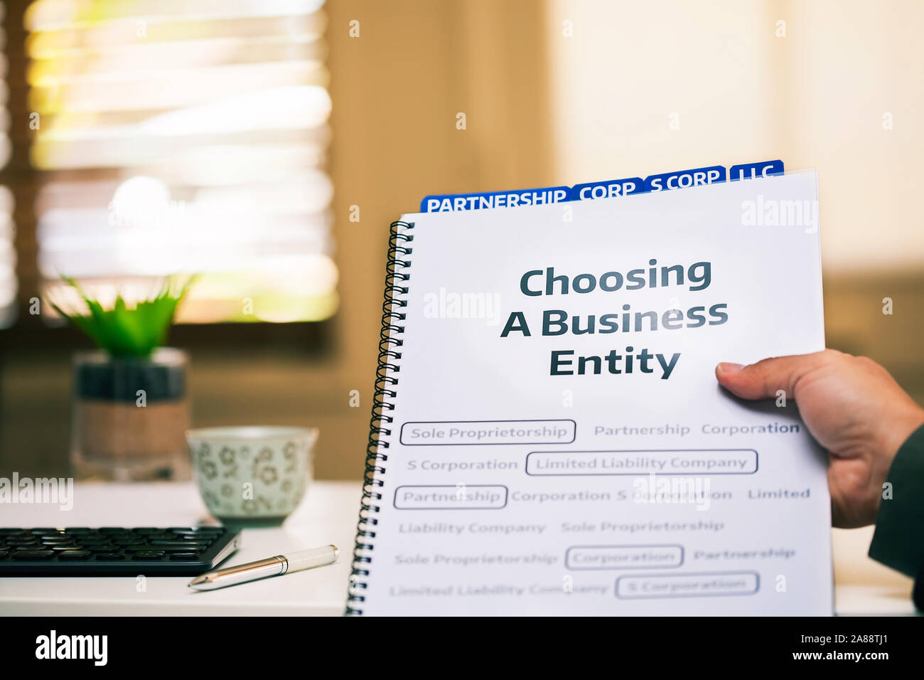 Ein Dokument auf verschiedene Arten von Unternehmensgründungen durch Inhaber eines kleinen Unternehmens lesen, während Sie im Büro Schreibtisch. Stockfoto