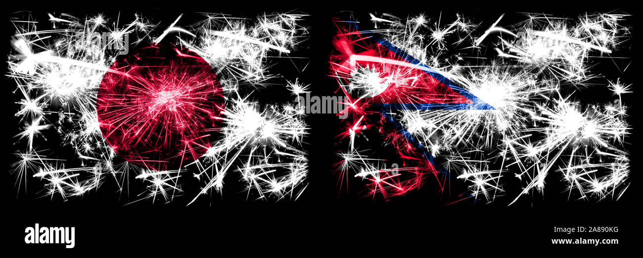 Japan, Japanische vs Nepal, nepalesischen Neujahrsfest funkelnden Feuerwerk flags Konzept Hintergrund. Kombination von zwei abstrakte Staaten Fahnen. Stockfoto