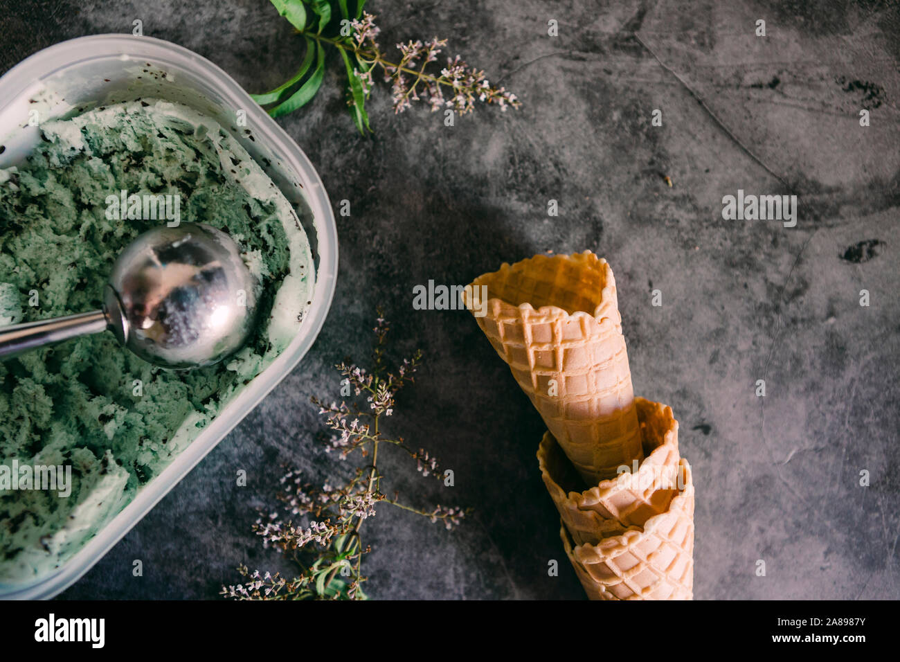 Minze Schokolade Chip Eis mit Zapfen Stockfoto