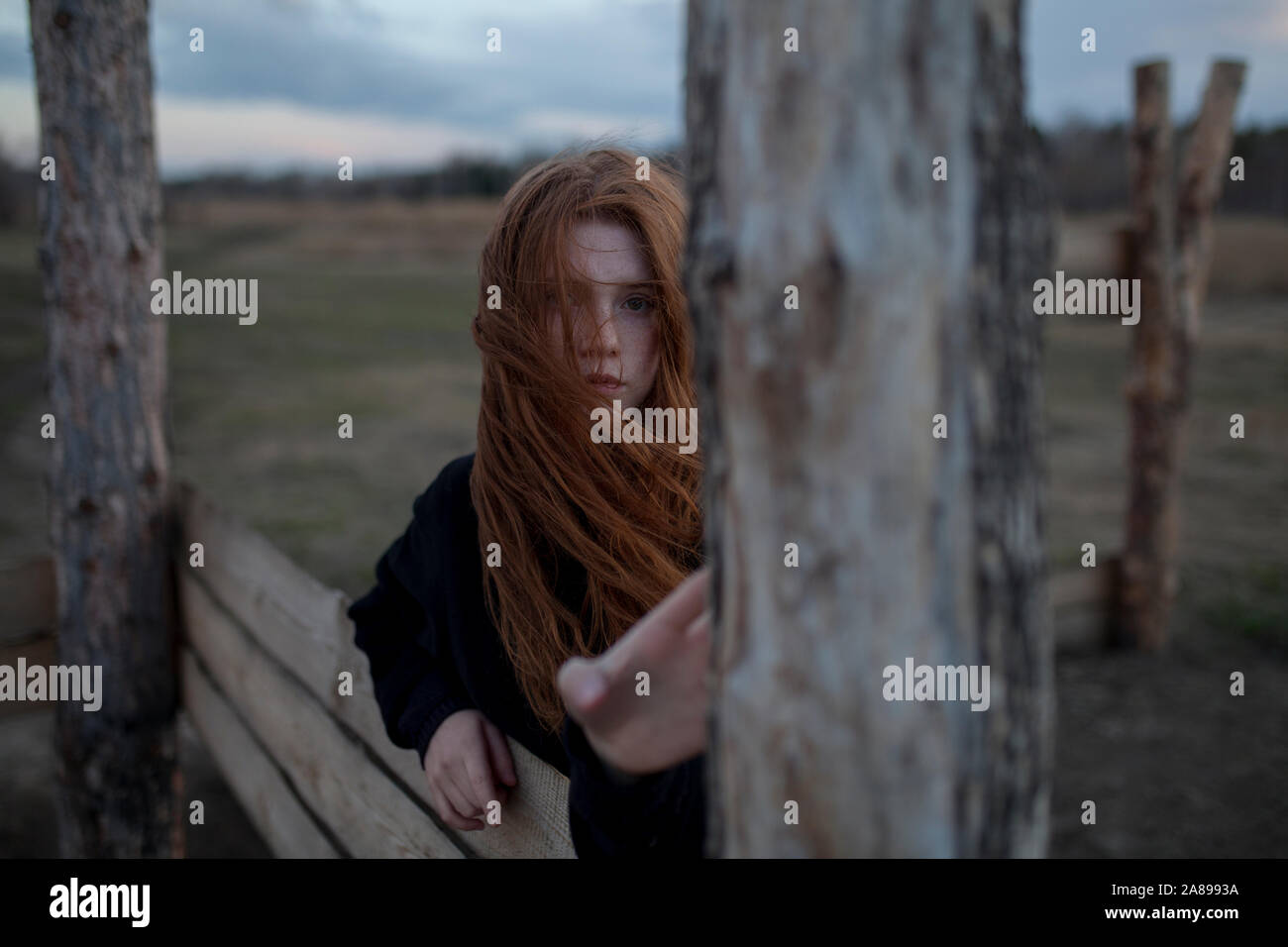 Windswept Teenager-Mädchen von Baumstamm Stockfoto