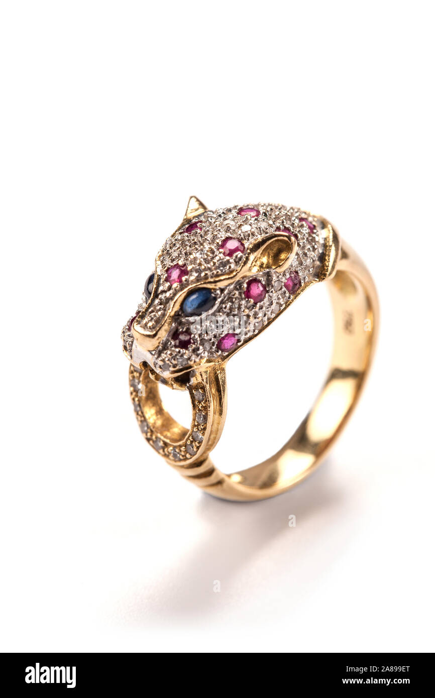 Diamant, Rubin, Saphir Augen, gemset Leopard Kopf Gold Ring. Stockfoto