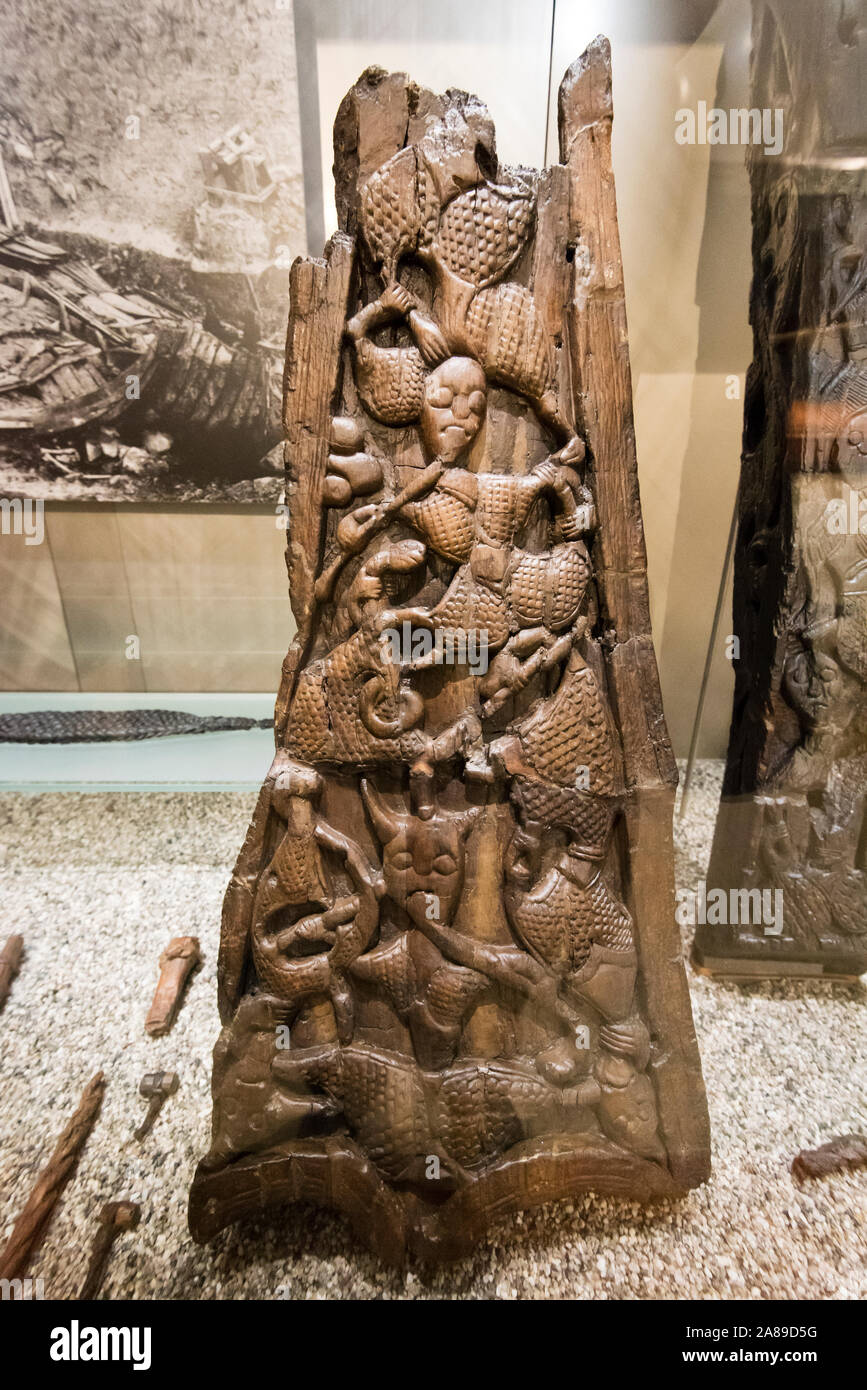 Original Teile der Bug eines Viking Boot. Viking Ship Museum am Bygdoy. Oslo, Norwegen Stockfoto