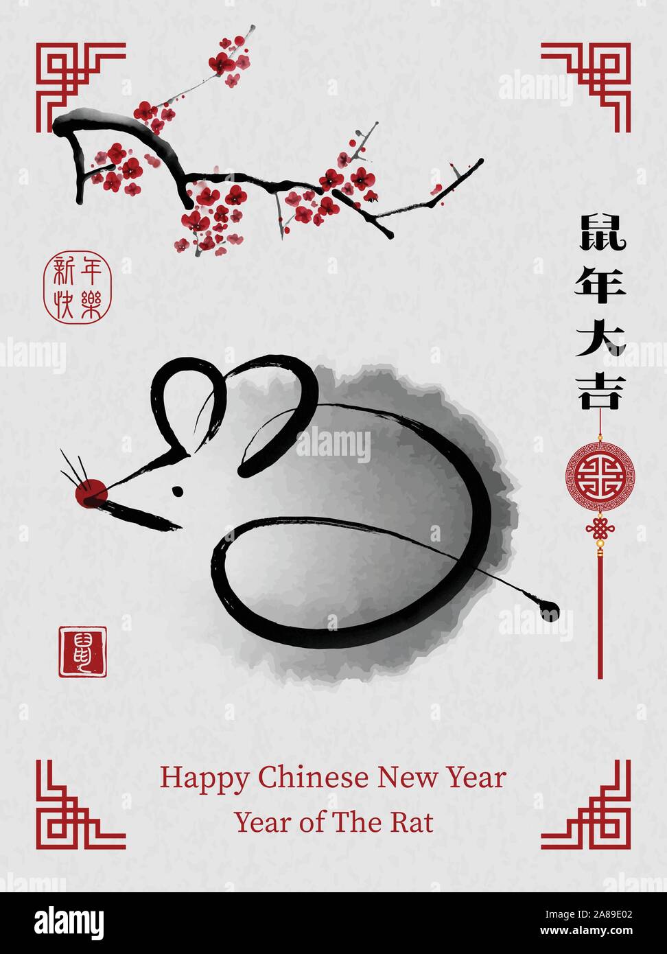 Chinesisches Neues Jahr, das Jahr der Ratte. Übersetzung: Jahr der Ratte bringt Wohlstand Glück Stock Vektor
